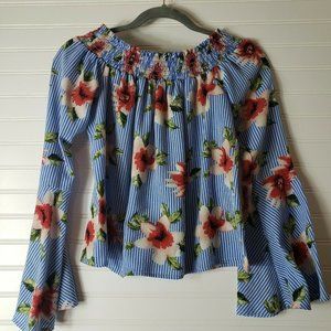 Ont Welfth Blue Striped Floral Off Shoulder Blouse